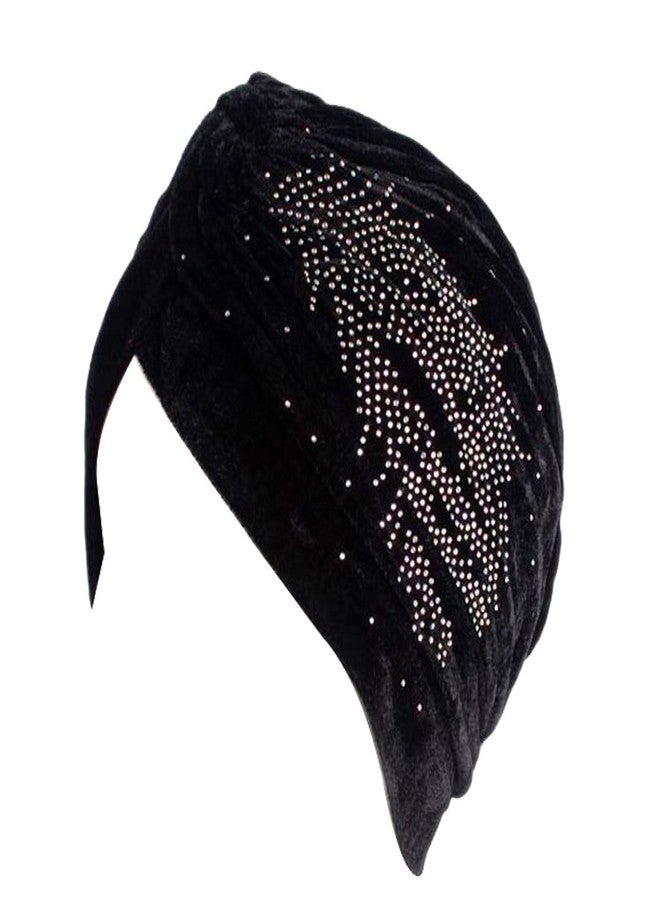 DECOU Feather Image Velvet-Feel Twist Pleated Hair Wrap Stretch Turban Hat (Black) - Image 1